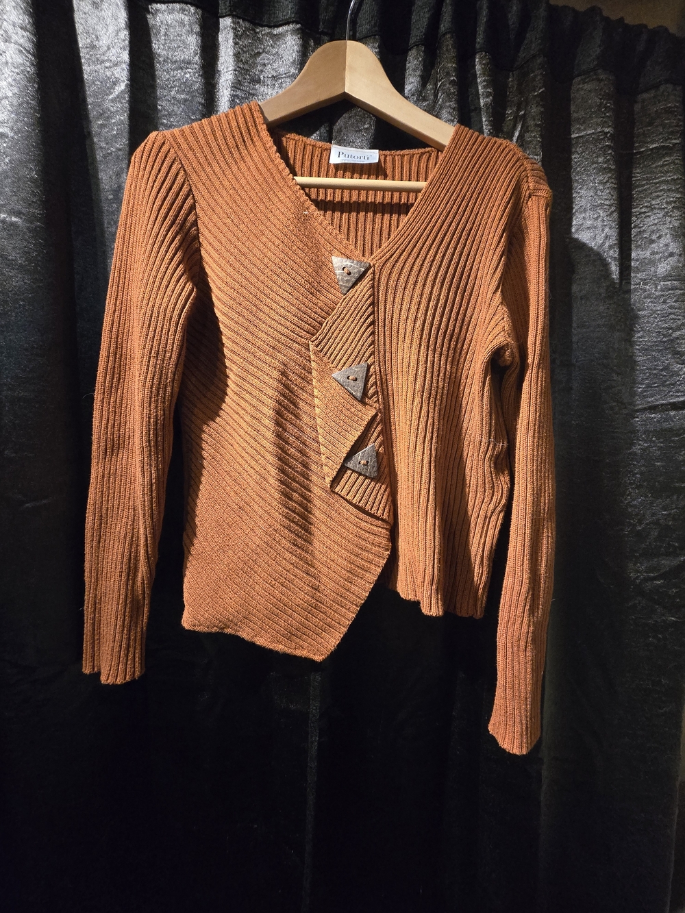 Putori Rust Orange Ribbed Asymmetric Button Cardigan